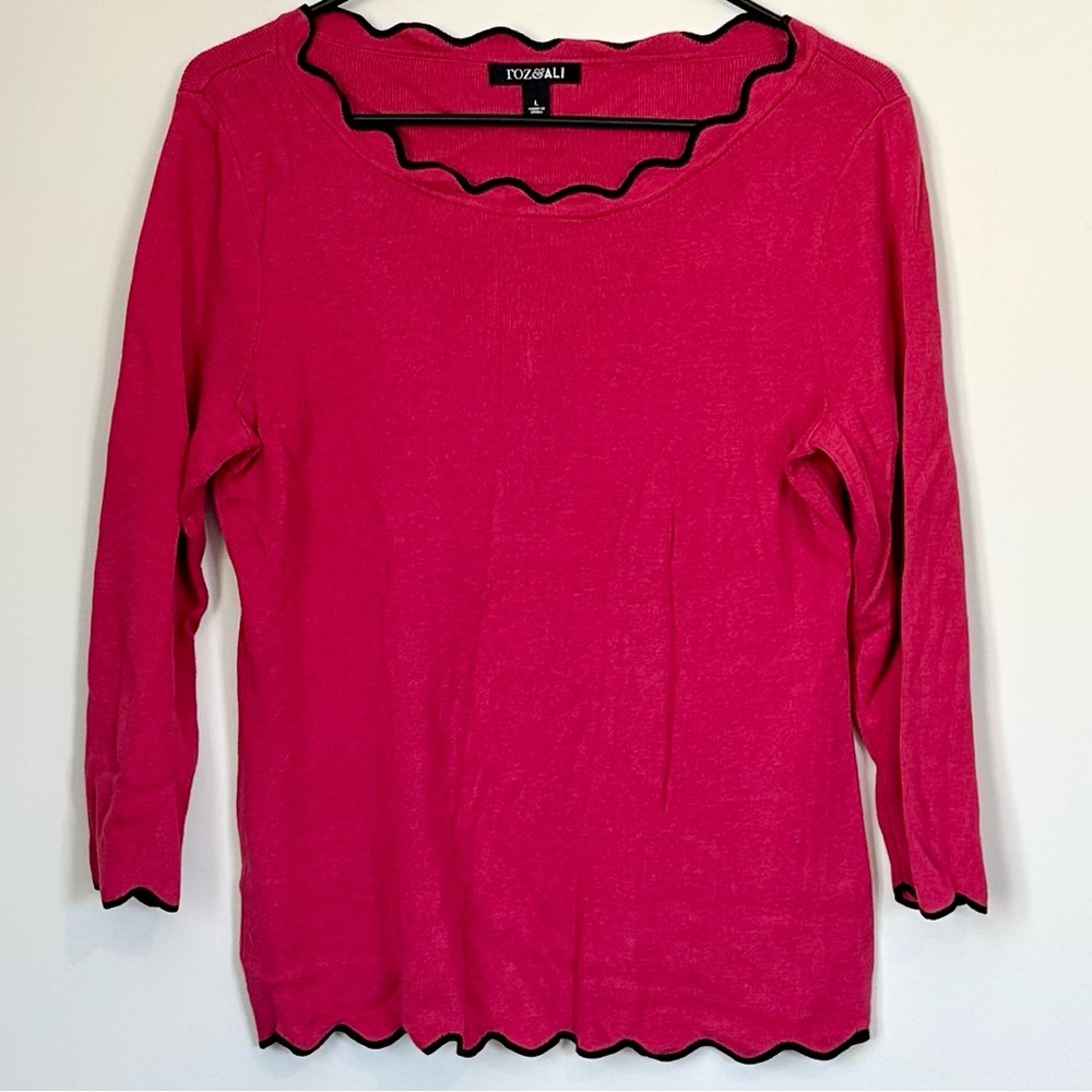 Roz & Ali Fuchsia 3/4 Sleeve Top with Black Scalloped Edges - Size: Large